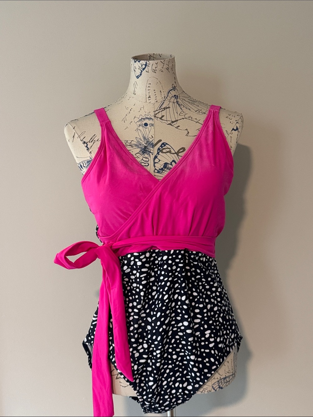 Fuchsia Wrap-Style swimsuit with Black & White Dot bottom